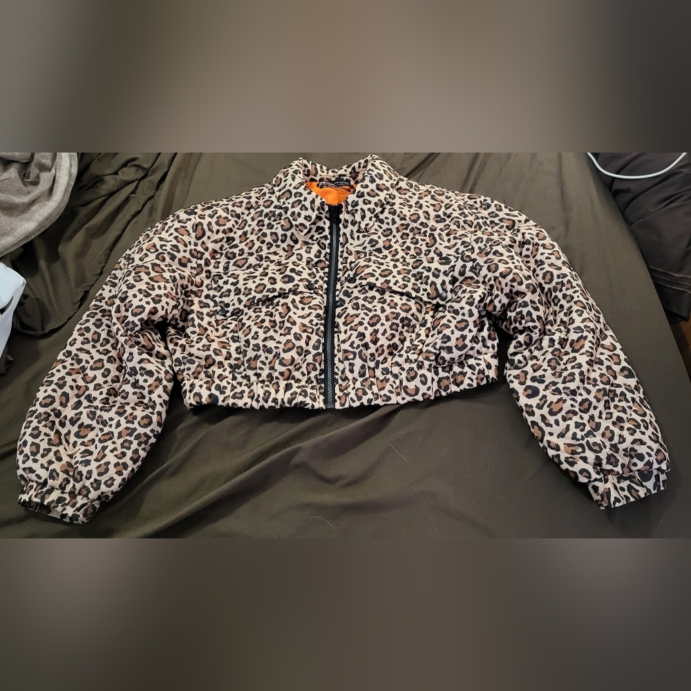 Zara Leopard Print Cropped Quilted Coat